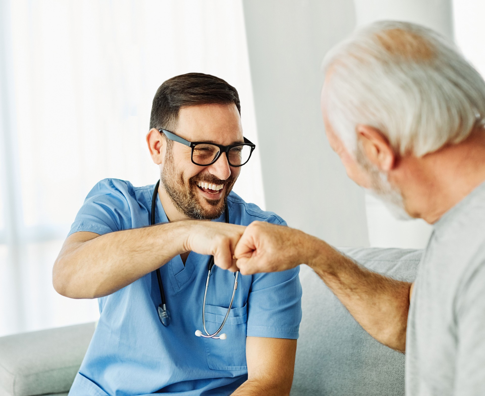 nurse doctor senior care caregiver help assistance hand greeting gesture agreement deal cooperation partnership retirement home nursing elderly health support teamwork man