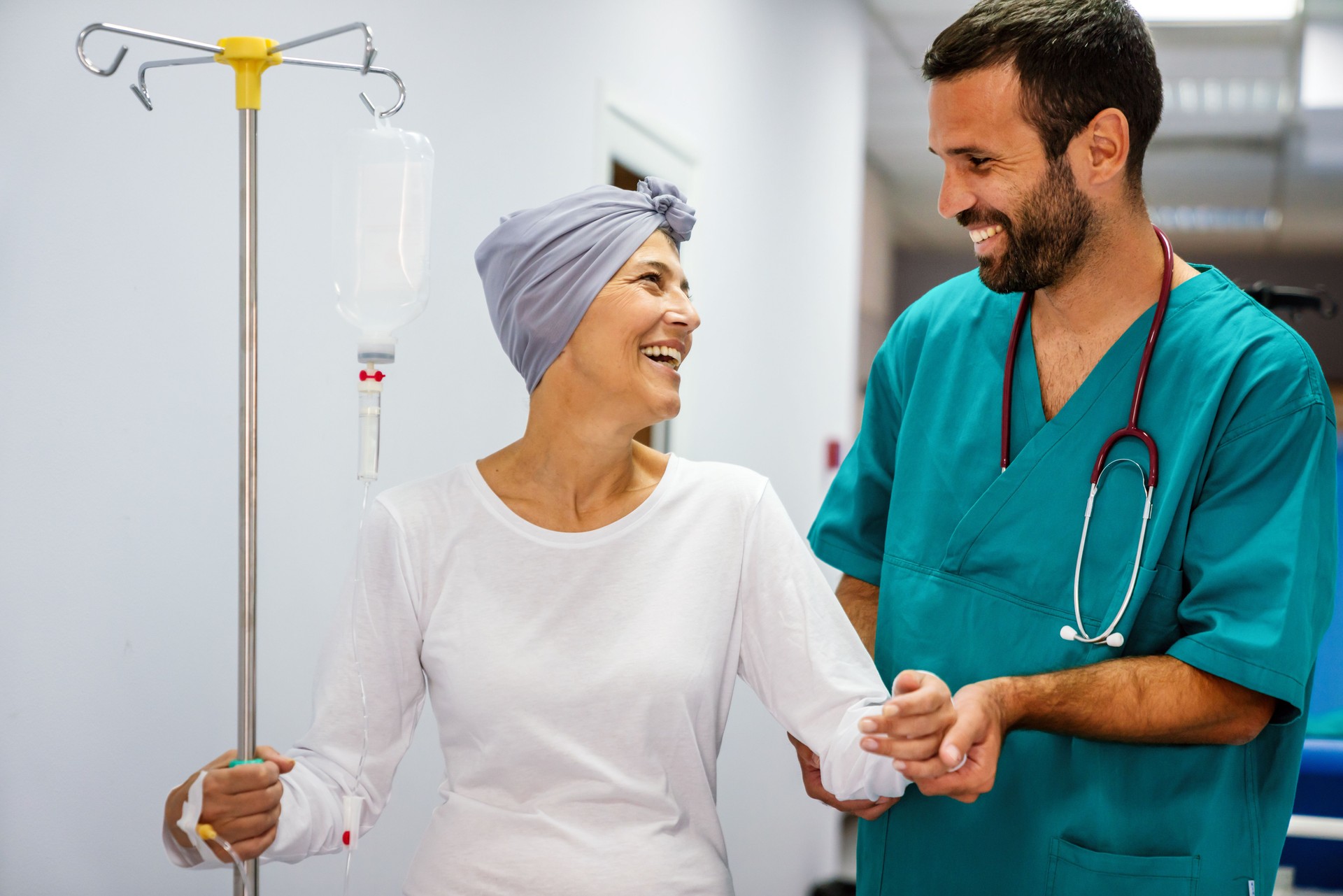 Woman with cancer during chemotherapy recovering from illness in hospital