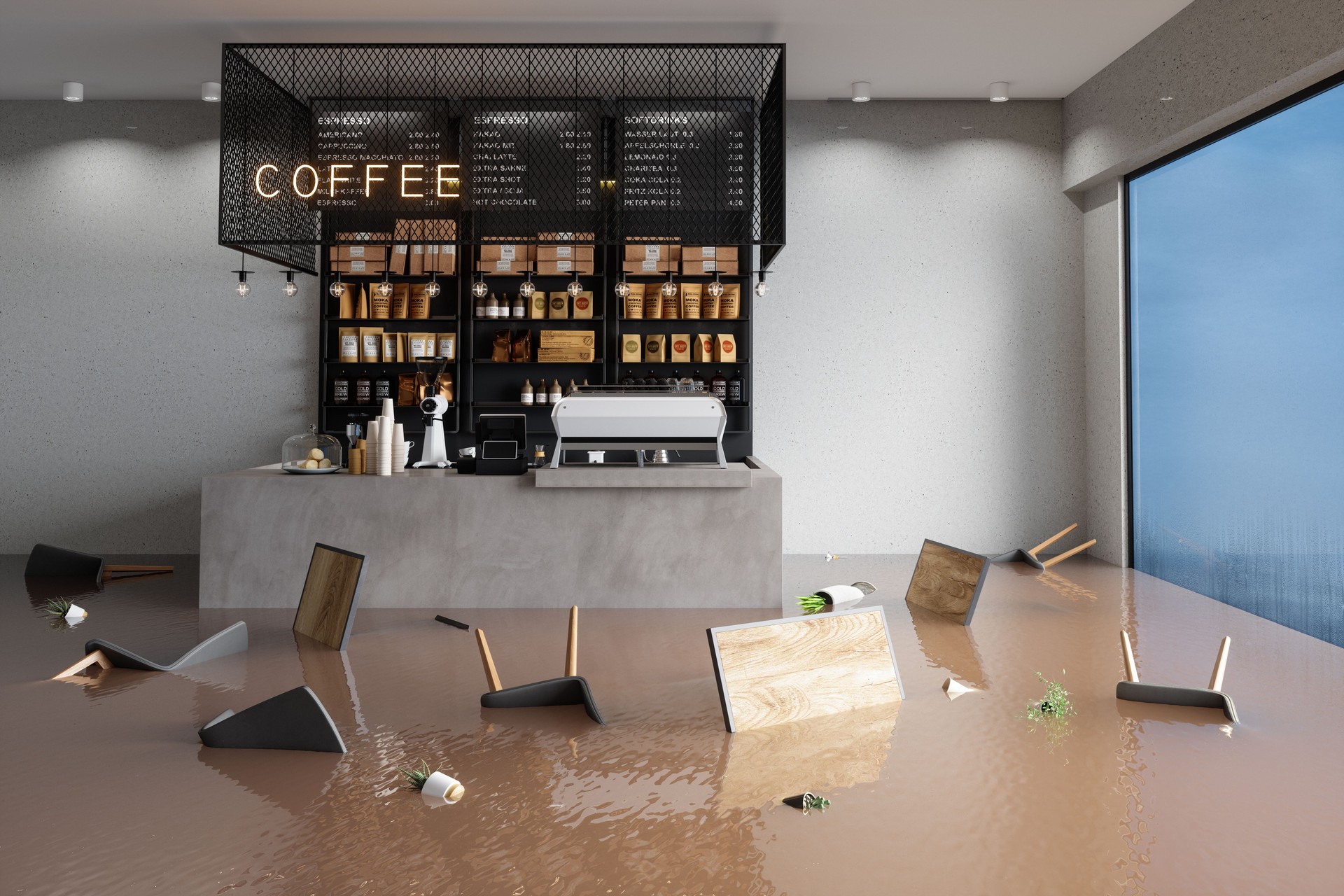 Flooded Cafe With Chairs, Tables And Potted Plants Floating On Water